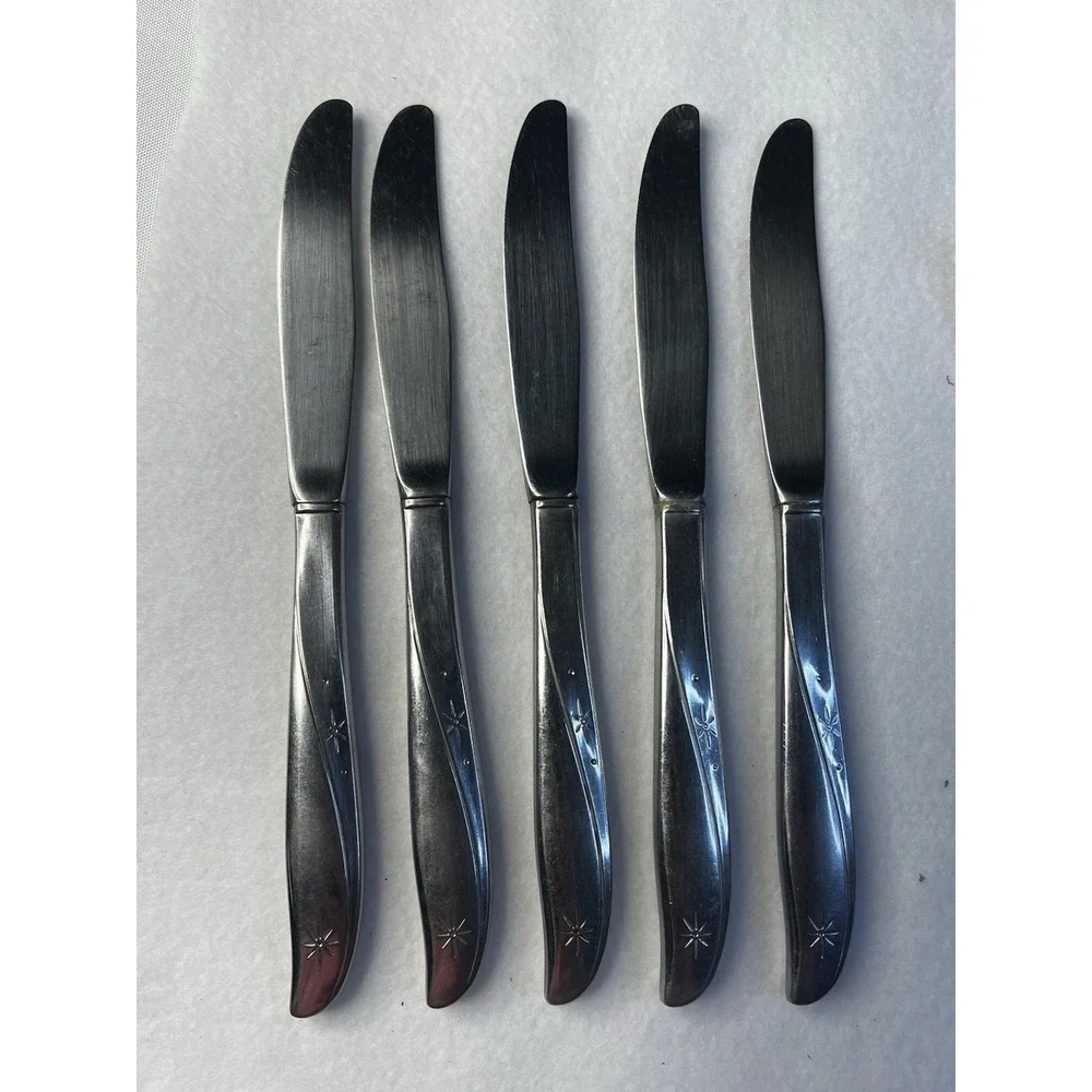 Oneida Community Twin Star 5 Dinner Knives Atomic Starburst MCM Vintage